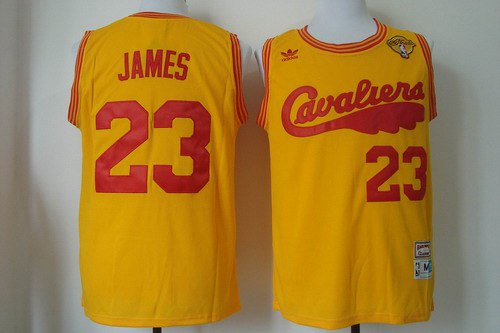 Men's Cleveland Cavaliers #23 LeBron James 2016 The NBA Finals Patch 2009 Yellow Hardwood Classics Soul Swingman Throwback Jersey