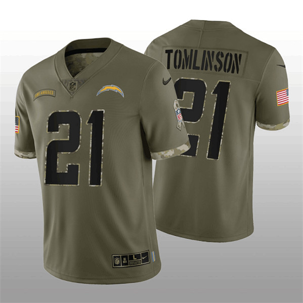 Men's Los Angeles Chargers #21 LaDainian Tomlinson 2022 Olive Salute To Service Limited Stitched Jersey Men's Los Angeles Chargers #21 LaDainian Tomlinson 2022 Olive Salute To Service Limited Stitched Jersey