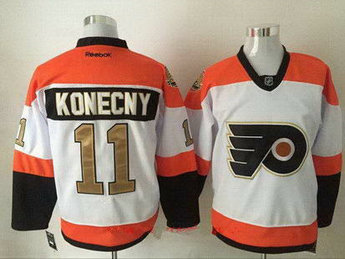 Men's Philadelphia Flyers #11 Travis Konecny White 50th Gold Stitched NHL Jersey