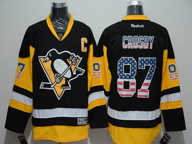 Men's Pittsburgh Penguins #87 Sidney Crosby Reebok Black Third NHL USA Flag Fashion Jersey
