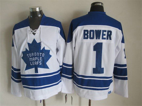 Men's Toronto Maple Leafs #1 Johnny Bower 1966-67 White CCM Vintage Throwback Jersey Men's Toronto Maple Leafs #1 Johnny Bower 1966-67 White CCM Vintage Throwback Jersey