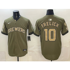 Milwaukee Brewers 10 Sal Frelick Olive Salute to Service Cool Base Men Jersey