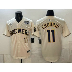 Milwaukee Brewers 11 Jackson Chourio Cream Men Jersey with 2026 NLCS Patch