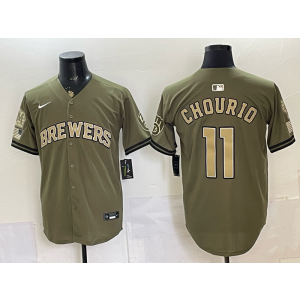 Milwaukee Brewers 11 Jackson Chourio Olive Salute to Service Cool Base Men Jersey