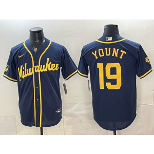 Milwaukee Brewers 19 Yount Navy Cool Base Men Jersey