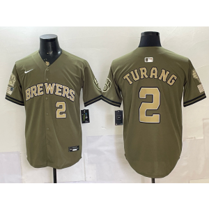 Milwaukee Brewers 2 Brice Turang Olive Salute to Service Cool Base Men Jersey
