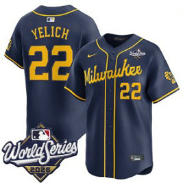Milwaukee Brewers 22 Christian Yelich Navy 2026 World Series Men Jersey