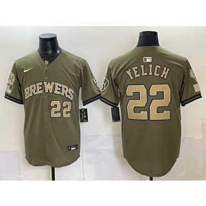 Milwaukee Brewers 22 Christian Yelich Olive Salute to Service Cool Base Men Jersey