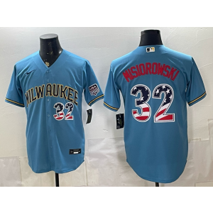 Milwaukee Brewers 32 Jacob Misiorowski Blue USA 250 Fourth of July Cool Base Men Jersey