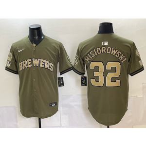 Milwaukee Brewers 32 Jacob Misiorowski Olive Salute to Service Cool Base Men Jersey