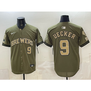 Milwaukee Brewers 9 Uecker Olive Salute to Service Cool Base Men Jersey