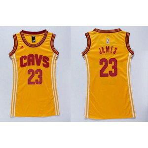 NBA Cavaliers 23 LeBron James Gold Print Dress Women Jersey