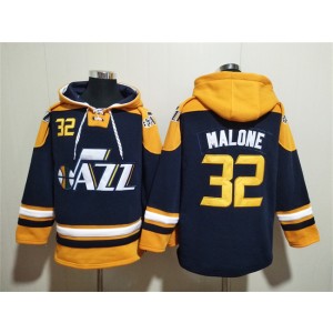 NBA Jazz 32 Karl Malone Navy Yellow Lace Up Pullover Hoodie