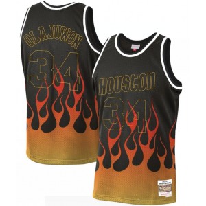NBA Rockets 34 Hakeem Olajuwon Black 1993-94 Hardwood Classics Flames Men Jersey