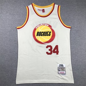 NBA Rockets 34 Hakeem Olajuwon Cream Throwback Men Jersey