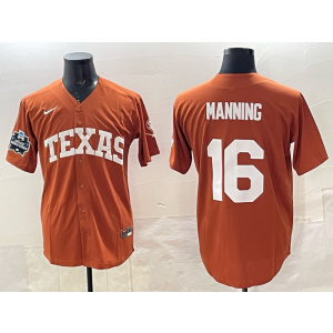 NCAA Texas Longhorns 16 Arch Manning Orange Baseball Vapor Limited Men Jersey
