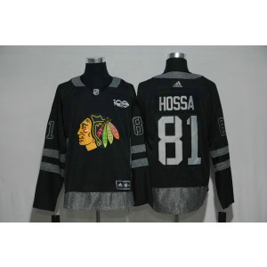 NHL Blackhawks 81 Marian Hossa 100th Anniversary Black Adidas Men Jersey