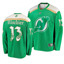 NHL Devils 13 Nico Hischier Green 2019 St. Patrick's Day Adidas Men Jersey