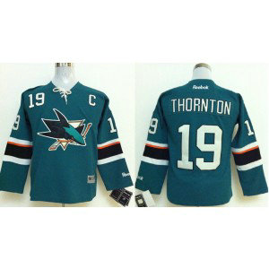 NHL Sharks 19 Joe Thornton With C Patch Blue Reebok Youth Jersey