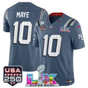 New England Patriots 10 Drake Maye Blue F.U.S.E. Vapor Limited Men Jersey with 2026 Super Bowl LX & C patch & USA 250 Patches New England Patriots 10 Drake Maye Blue F.U.S.E. Vapor Limited Men Jersey with 2026 Super Bowl LX & C patch & USA 250 Patches