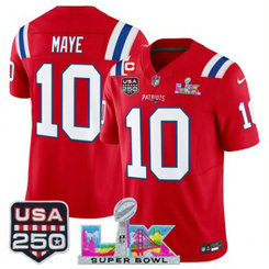 New England Patriots 10 Drake Maye Red F.U.S.E. Vapor Limited Men Jersey with 2026 Super Bowl LX & C patch & USA 250 Patches New England Patriots 10 Drake Maye Red F.U.S.E. Vapor Limited Men Jersey with 2026 Super Bowl LX & C patch & USA 250 Patches