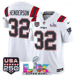 New England Patriots 32 TreVeyon Henderson White F.U.S.E. Vapor Limited Men Jersey with 2026 Super Bowl LX & USA 250 Patches New England Patriots 32 TreVeyon Henderson White F.U.S.E. Vapor Limited Men Jersey with 2026 Super Bowl LX & USA 250 Patches