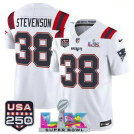 New England Patriots 38 Rhamondre Stevenson White F.U.S.E. Vapor Limited Men Jersey with 2026 Super Bowl LX & USA 250 Patches New England Patriots 38 Rhamondre Stevenson White F.U.S.E. Vapor Limited Men Jersey with 2026 Super Bowl LX & USA 250 Patches