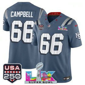 New England Patriots 66 Will Campbell Blue Rivalries F.U.S.E. Vapor Limited Men Jersey with 2026 Super Bowl LX & USA 250 Patches New England Patriots 66 Will Campbell Blue Rivalries F.U.S.E. Vapor Limited Men Jersey with 2026 Super Bowl LX & USA 250 Patches