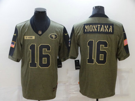 Nike 49ers 16 Joe Montana Olive 2021 Salute To Service Limited Jersey