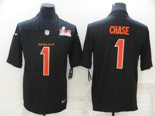 Nike Bengals 1 Ja'Marr Chase Black 2022 Super Bowl LVI Vapor Limited Jersey