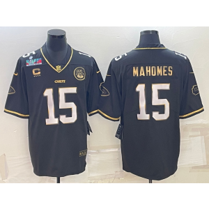 Nike Chiefs 15 Patrick Mahomes Black Gold 2023 Super Bowl & C Patch Vapor Limited Men Jersey
