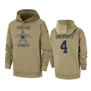 Nike Dallas Cowboys 4 Dak Prescott Tan 2019 Salute to Service Sideline Therma Pullover Hoodie