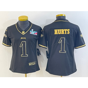 Nike Eagles 1 Jalen Hurts Black Gold 2023 Super Bowl Vapor Limited Women Jersey
