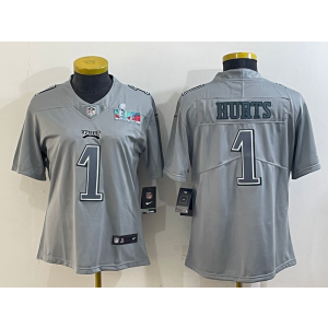 Nike Eagles 1 Jalen Hurts Grey 2023 Super Bowl LVII Vapor Limited Women Jersey