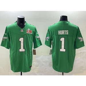 Nike Eagles 1 Jalen Hurts Kelly Green 2025 Super Bowl LIX F.U.S.E. Vapor Limited Men Jersey