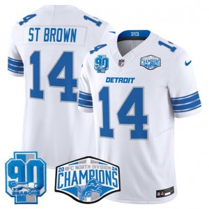 Nike Lions 14 Amon-Ra St. Brown White 2024 NFC North Champions 90th Anniversary Patch F.U.S.E. Vapor Limited Men Jersey Nike Lions 14 Amon-Ra St. Brown White 2024 NFC North Champions 90th Anniversary Patch F.U.S.E. Vapor Limited Men Jersey