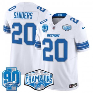 Nike Lions 20 Barry Sanders White 2024 NFC North Champions 90th Anniversary Patch F.U.S.E. Vapor Limited Men Jersey