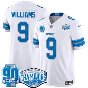 Nike Lions 9 Jameson Williams White 2024 NFC North Champions 90th Anniversary Patch F.U.S.E. Vapor Limited Men Jersey Nike Lions 9 Jameson Williams White 2024 NFC North Champions 90th Anniversary Patch F.U.S.E. Vapor Limited Men Jersey