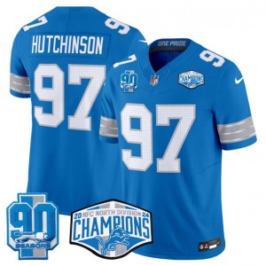 Nike Lions 97 Aidan Hutchinson Blue 2024 NFC North Champions 90th Anniversary Patch F.U.S.E. Vapor Limited Men Jersey Nike Lions 97 Aidan Hutchinson Blue 2024 NFC North Champions 90th Anniversary Patch F.U.S.E. Vapor Limited Men Jersey