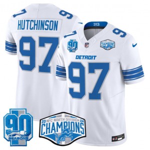 Nike Lions 97 Aidan Hutchinson White 2024 NFC North Champions 90th Anniversary Patch F.U.S.E. Vapor Limited Men Jersey