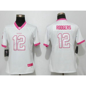 Nike Packers 12 Aaron Rogers White Pink Women Game Jersey