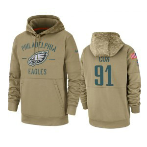 Nike Philadelphia Eagles 91 Fletcher Cox Tan 2019 Salute to Service Sideline Therma Pullover Hoodie