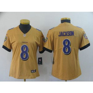 Nike Ravens 8 Lamar Jackson Gold Inverted Legend Women Jersey