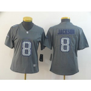 Nike Ravens 8 Lamar Jackson Gray Camo Vapor Untouchable Limited Women Jersey
