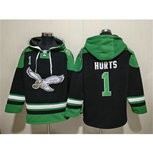 Philadelphia Eagles 1 Jalen Hurts Black Ageless Must-Have Lace-Up Pullover Hoodie