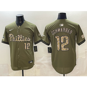 Philadelphia Phillies 12 Schwarber Olive Salute to Service Cool Base Men Jersey