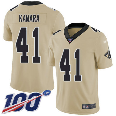 Saints #41 Alvin Kamara Gold Men's Stitched Football Limited Inverted Legend 100th Season Jersey Saints #41 Alvin Kamara Gold Men's Stitched Football Limited Inverted Legend 100th Season Jersey