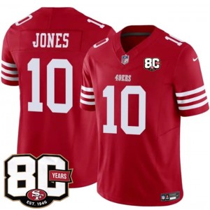 San Francisco 49ers 10 Mac Jones Red 2026 F.U.S.E. Vapor Limited Men Jersey with 80th Anniversary Patch