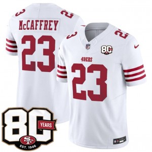 San Francisco 49ers 23 Christian McCaffrey White 2026 F.U.S.E. Vapor Limited Men Jersey with 80th Anniversary Patch