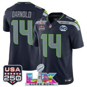 Seattle Seahawks 14 Sam Darnold Navy F.U.S.E. Vapor Limited Men Jersey with 2026 Super Bowl LX & 50th & USA 250 Patches Seattle Seahawks 14 Sam Darnold Navy F.U.S.E. Vapor Limited Men Jersey with 2026 Super Bowl LX & 50th & USA 250 Patches